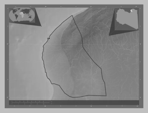 Benghazi District Libya Grayscale Elevation Map Lakes Rivers Corner Auxiliary — Stock Photo, Image