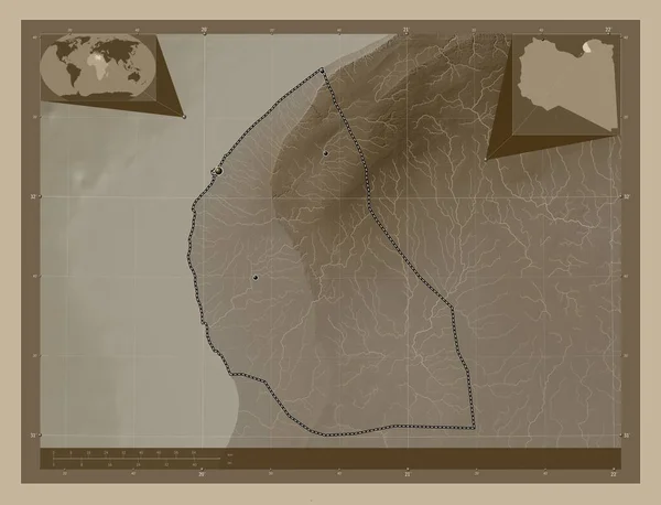 Bengasi Distrito Libia Mapa Elevación Coloreado Tonos Sepia Con Lagos — Foto de Stock