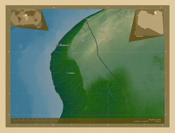 ベンガジ リビアの地区 湖や川と色の標高マップ 地域の主要都市の位置と名前 コーナー補助位置図 — ストック写真