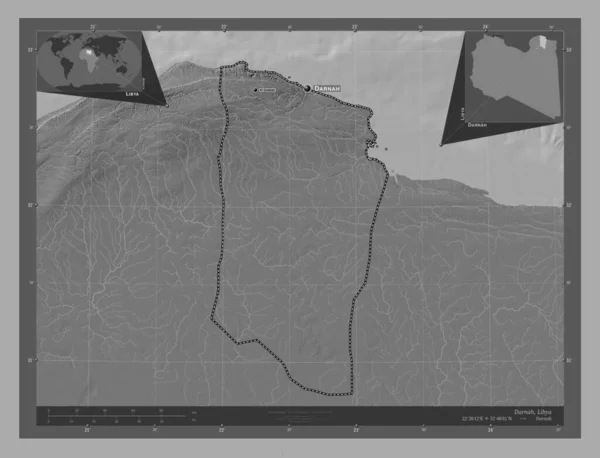ダルナ リビアの地区 湖や川と二階の標高マップ 地域の主要都市の位置と名前 コーナー補助位置図 — ストック写真