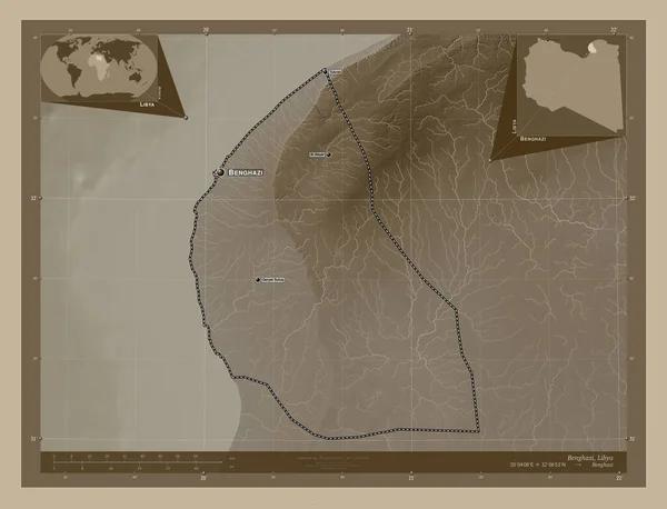 Bengasi Distretto Della Libia Mappa Elevazione Colorata Toni Seppia Con — Foto Stock