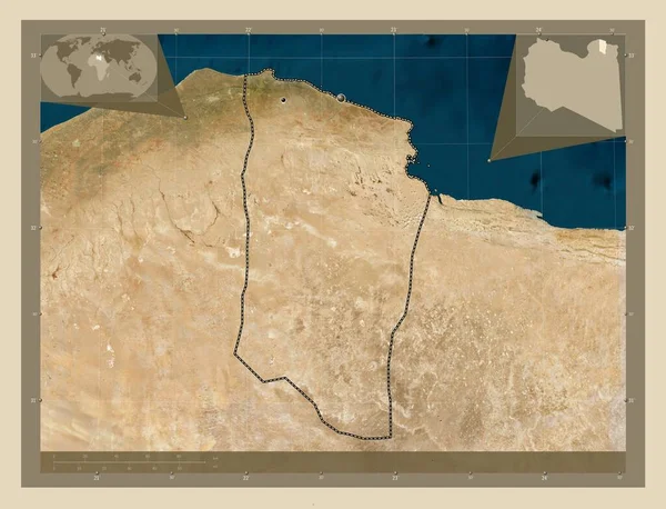 Darnah 地区Of Libya 高分辨率卫星地图 该区域主要城市的所在地点 角辅助位置图 — 图库照片