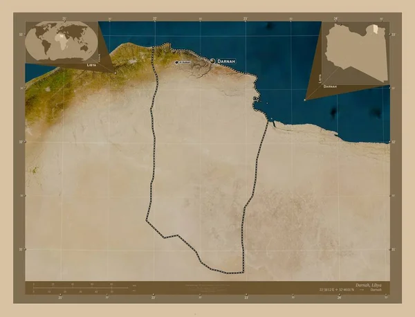 ダルナ リビアの地区 低解像度衛星地図 地域の主要都市の位置と名前 コーナー補助位置図 — ストック写真