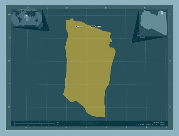 ダルナ リビアの地区 しっかりした色の形 地域の主要都市の位置と名前 コーナー補助位置図 — ストック写真