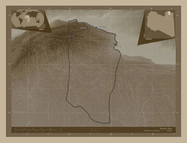 Darnah Okres Libye Zdvihová Mapa Zbarvená Sépiovými Tóny Jezery Řekami — Stock fotografie