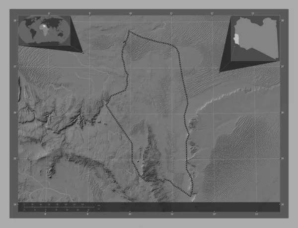 Ghat 利比亚地区 带湖泊和河流的比尔维尔高程图 角辅助位置图 — 图库照片