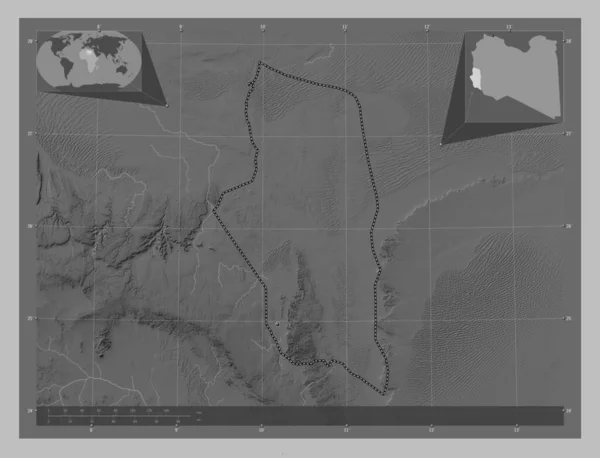 Ghat Okręg Libii Mapa Wzniesień Skali Szarości Jeziorami Rzekami Lokalizacje — Zdjęcie stockowe