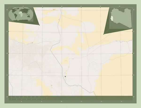 Ghat 利比亚地区 开放街道地图 该区域主要城市的所在地点 角辅助位置图 — 图库照片