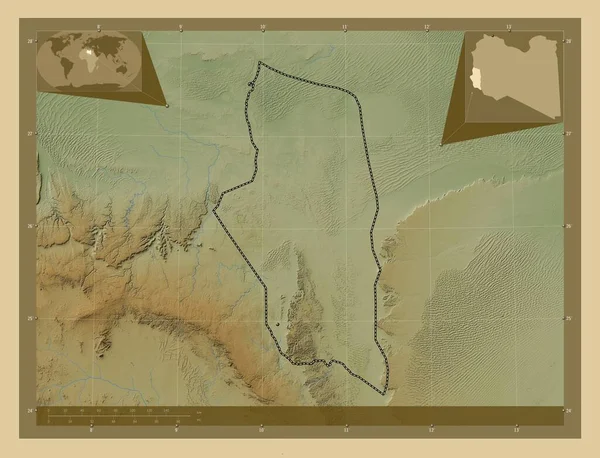 Ghat 利比亚地区 有湖泊和河流的彩色高程图 该区域主要城市的所在地点 角辅助位置图 — 图库照片