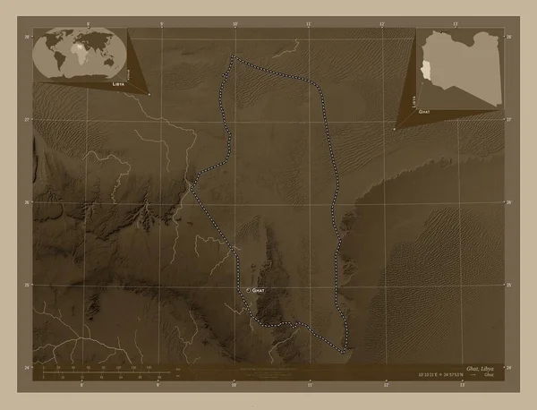 Ghat Distretto Della Libia Mappa Elevazione Colorata Toni Seppia Con — Foto Stock