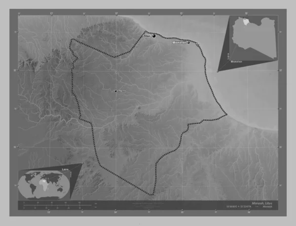 Misratah Okręg Libii Mapa Wzniesień Skali Szarości Jeziorami Rzekami Lokalizacje — Zdjęcie stockowe
