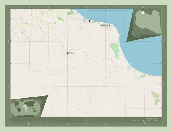 ミスラタ リビアの地区 ストリートマップを開く 地域の主要都市の位置と名前 コーナー補助位置図 — ストック写真