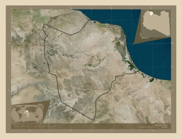 Misratah 利比亚区 高分辨率卫星地图 该区域主要城市的地点和名称 角辅助位置图 — 图库照片