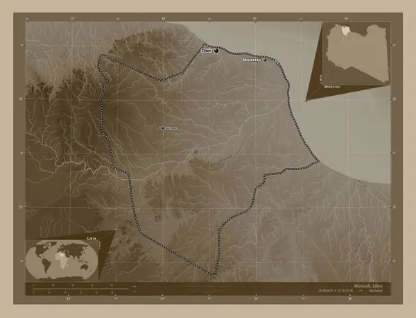 ミスラタ リビアの地区 湖や川とセピアトーンで着色された標高マップ 地域の主要都市の位置と名前 コーナー補助位置図 — ストック写真