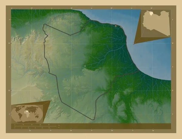 Misratah 利比亚区 有湖泊和河流的彩色高程图 角辅助位置图 — 图库照片