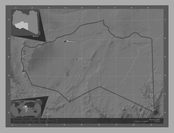 Murzuq District Libye Carte Altitude Bilevel Avec Lacs Rivières Emplacements — Photo