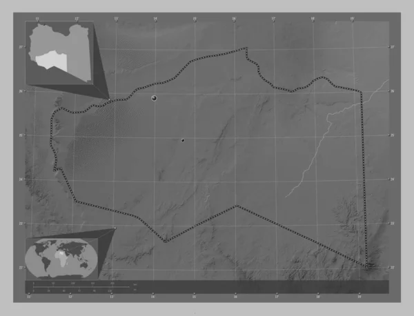Murzuq District Libya Grayscale Elevation Map Lakes Rivers Locations Major — Stock Photo, Image