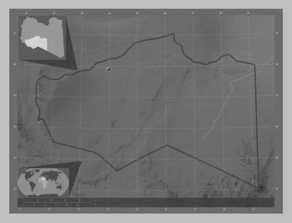 Murzuq District Libya Grayscale Elevation Map Lakes Rivers Corner Auxiliary — Stock Photo, Image