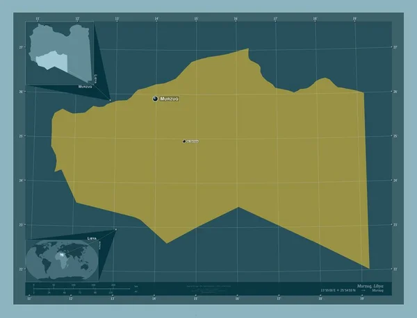 リビアのムズク県 しっかりした色の形 地域の主要都市の位置と名前 コーナー補助位置図 — ストック写真