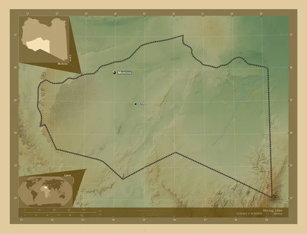 Мурзук Район Ливии Цветная Карта Высоты Озерами Реками Места Названия — стоковое фото