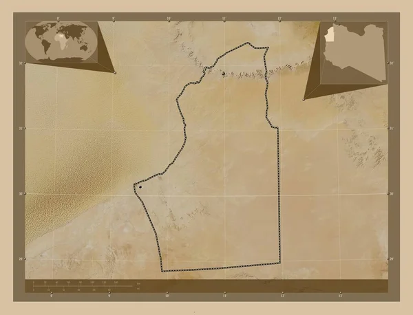 ナルト リビアの地区 低解像度衛星地図 地域の主要都市の場所 コーナー補助位置図 — ストック写真