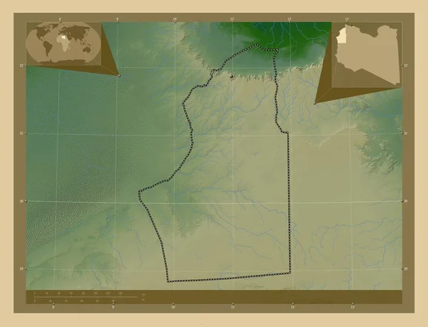 Nalut Okres Libye Barevná Mapa Jezery Řekami Pomocné Mapy Polohy — Stock fotografie