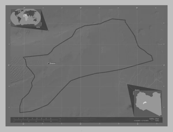 Sabha District Libya Grayscale Elevation Map Lakes Rivers Locations Names — Stock Photo, Image