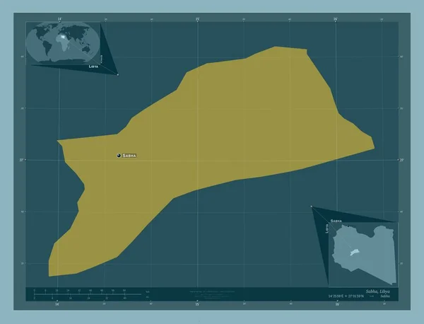 リビアのサバ県 しっかりした色の形 地域の主要都市の位置と名前 コーナー補助位置図 — ストック写真