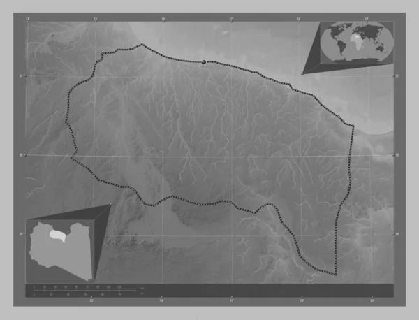 Surt Distriktet Libyen Grayscale Höjdkarta Med Sjöar Och Floder Hjälpkartor — Stockfoto