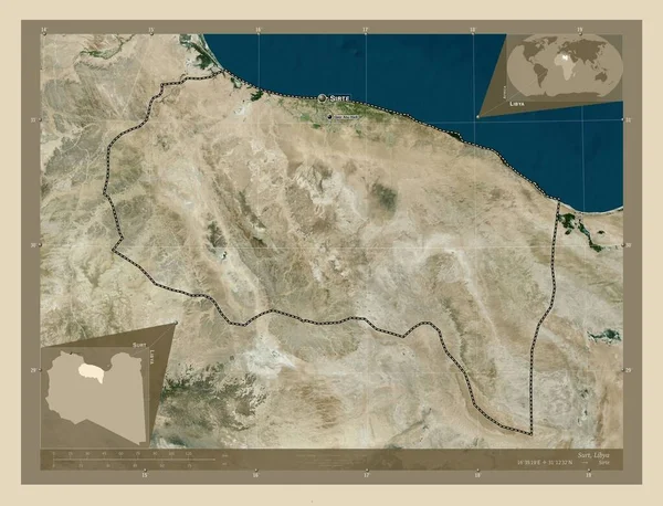 Surt 利比亚地区 高分辨率卫星地图 该区域主要城市的地点和名称 角辅助位置图 — 图库照片