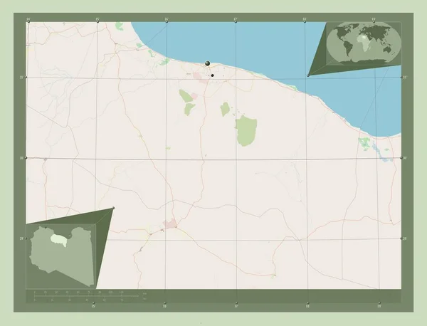 Surt 利比亚地区 开放街道地图 该区域主要城市的所在地点 角辅助位置图 — 图库照片