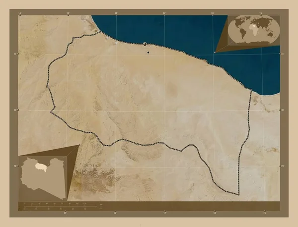 Surt 利比亚地区 低分辨率卫星地图 该区域主要城市的所在地点 角辅助位置图 — 图库照片