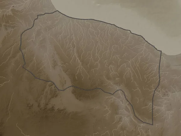 Surt Distrito Libia Mapa Elevación Coloreado Tonos Sepia Con Lagos —  Fotos de Stock