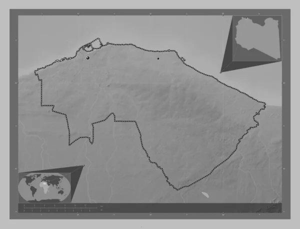 Tripoli District Libya Grayscale Elevation Map Lakes Rivers Locations Major — Stock Photo, Image