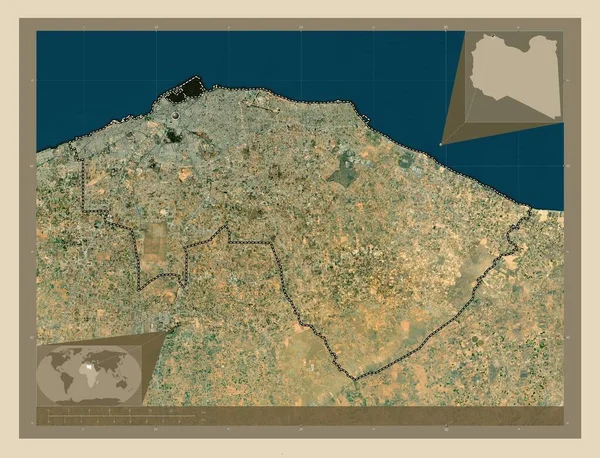 Τρίπολη Περιφέρεια Λιβύης Υψηλής Ανάλυσης Δορυφορικός Χάρτης Γωνιακοί Χάρτες Βοηθητικής — Φωτογραφία Αρχείου