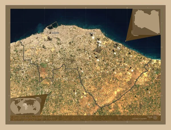 トリポリ リビアの地区 低解像度衛星地図 地域の主要都市の位置と名前 コーナー補助位置図 — ストック写真