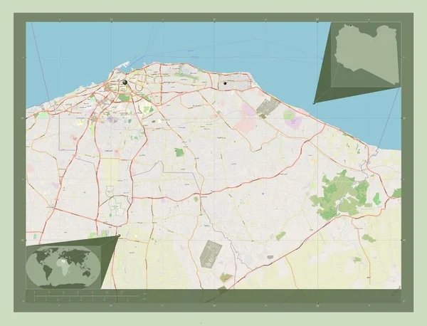 的黎波里 利比亚地区 开放街道地图 该区域主要城市的所在地点 角辅助位置图 — 图库照片