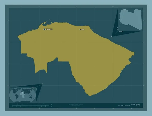 的黎波里 利比亚地区 固体的颜色形状 该区域主要城市的地点和名称 角辅助位置图 — 图库照片