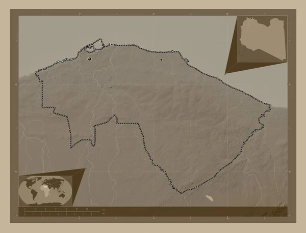 Триполі Район Лівії Висота Карти Забарвлена Сепії Тонів Озерами Річками — стокове фото