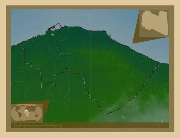 Tripoli Distretto Della Libia Mappa Elevazione Colorata Con Laghi Fiumi — Foto Stock