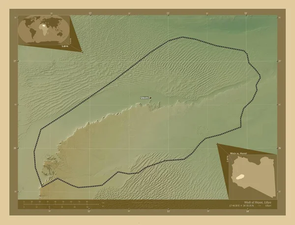 Wadi Hayat Distretto Della Libia Mappa Elevazione Colorata Con Laghi — Foto Stock