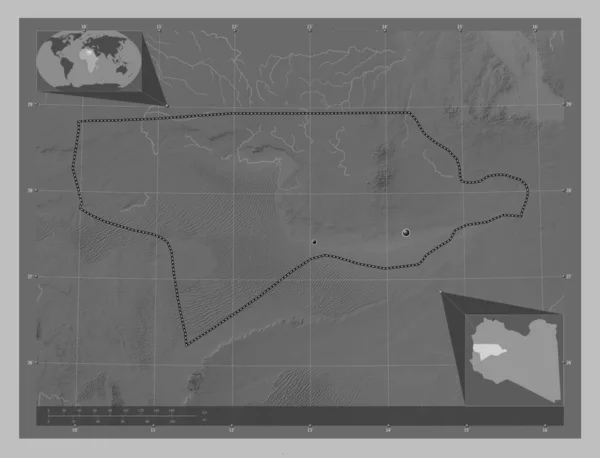 Ваді Шаті Район Лівії Граймасштабна Мапа Висот Озерами Річками Розташування — стокове фото