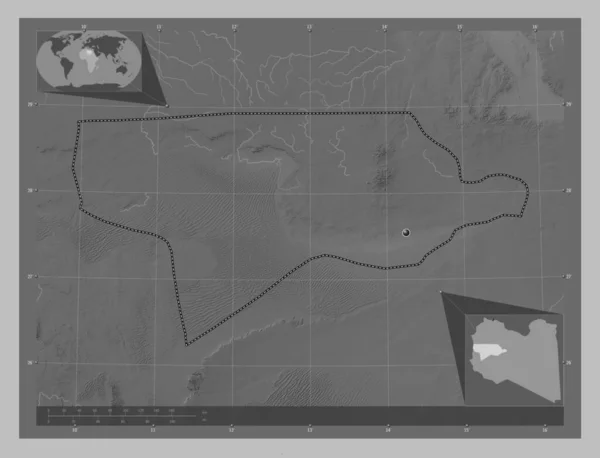 Wadi Ash Shati 利比亚区 带有湖泊和河流的灰度高程图 角辅助位置图 — 图库照片