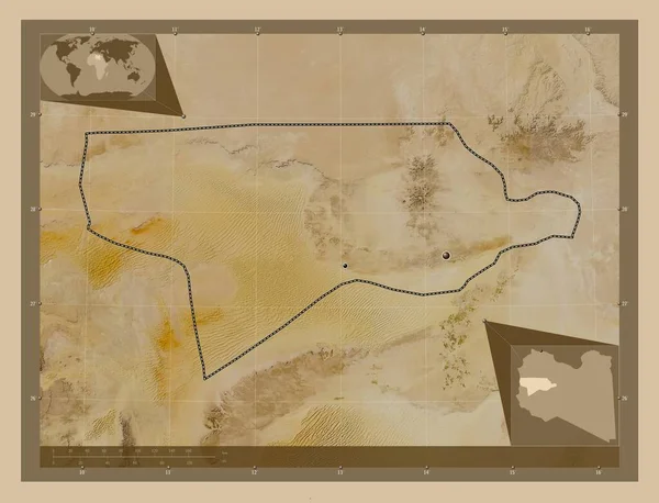 Wadi Ash Shati 利比亚区 低分辨率卫星地图 该区域主要城市的所在地点 角辅助位置图 — 图库照片