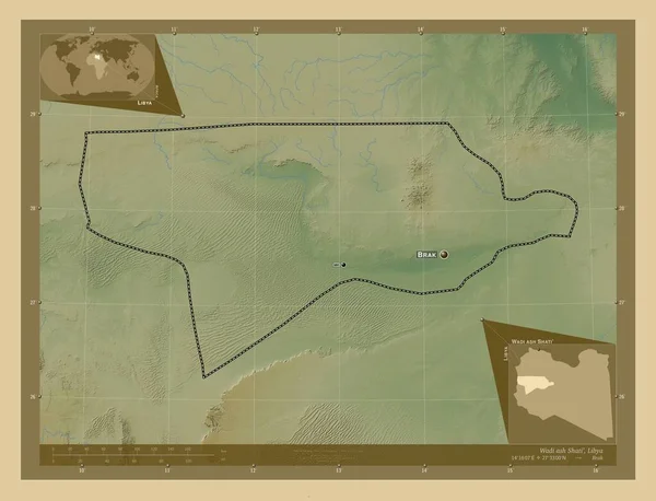 Wadi Ash Shati Distrito Líbia Mapa Elevação Colorido Com Lagos — Fotografia de Stock