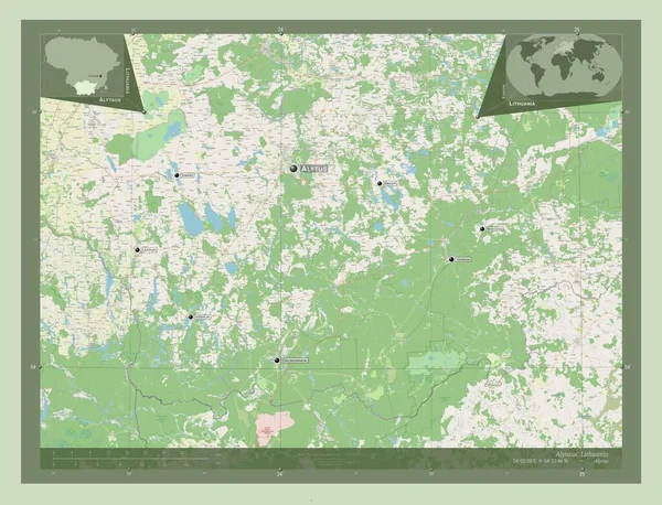 Alytaus 立陶宛县 开放街道地图 该区域主要城市的地点和名称 角辅助位置图 — 图库照片