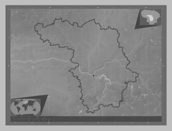 Kauno 立陶宛县 带有湖泊和河流的灰度高程图 角辅助位置图 — 图库照片