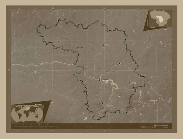 Kauno Okręg Litewski Mapa Elewacji Kolorowe Sepia Dźwięki Jeziorami Rzekami — Zdjęcie stockowe