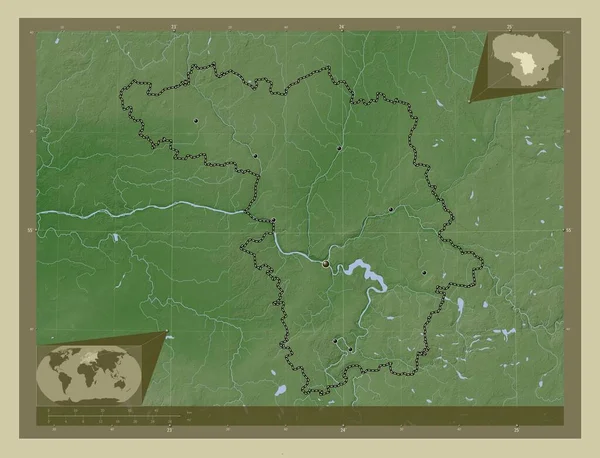 リトアニアのカウノ郡 湖や川とWikiスタイルで着色された標高マップ 地域の主要都市の場所 コーナー補助位置図 — ストック写真