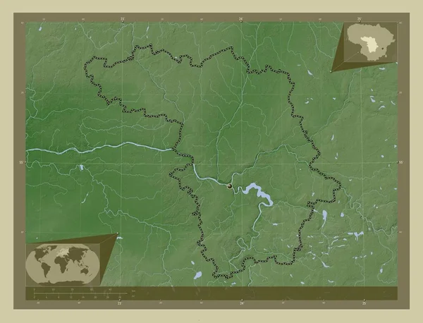 リトアニアのカウノ郡 湖や川とWikiスタイルで着色された標高マップ コーナー補助位置図 — ストック写真